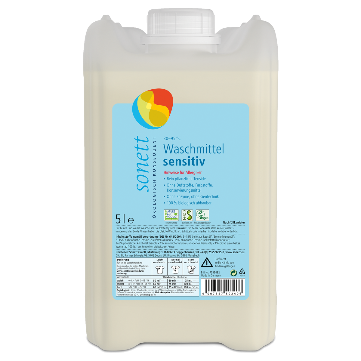 Sonett Waschmittel sensitiv 30°-95°C Kanister 5 Liter Sonett Waschmittel sensitiv 30°-95°C Kanister 5 Liter