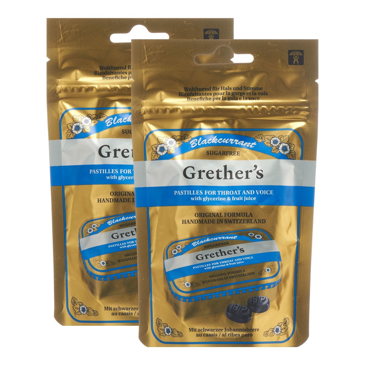 Pastilles au cassis Grethers sans sucre, lot de 2 sachets de 110 g chacun