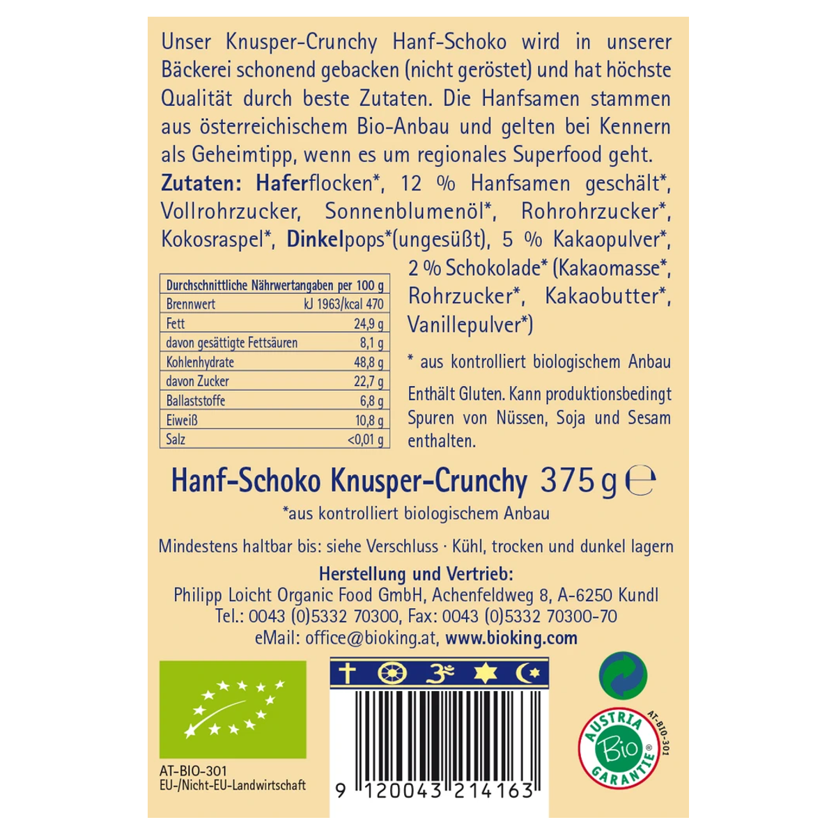 Bioking Knusper Crunchy Hanf Schoko Bio 375 g