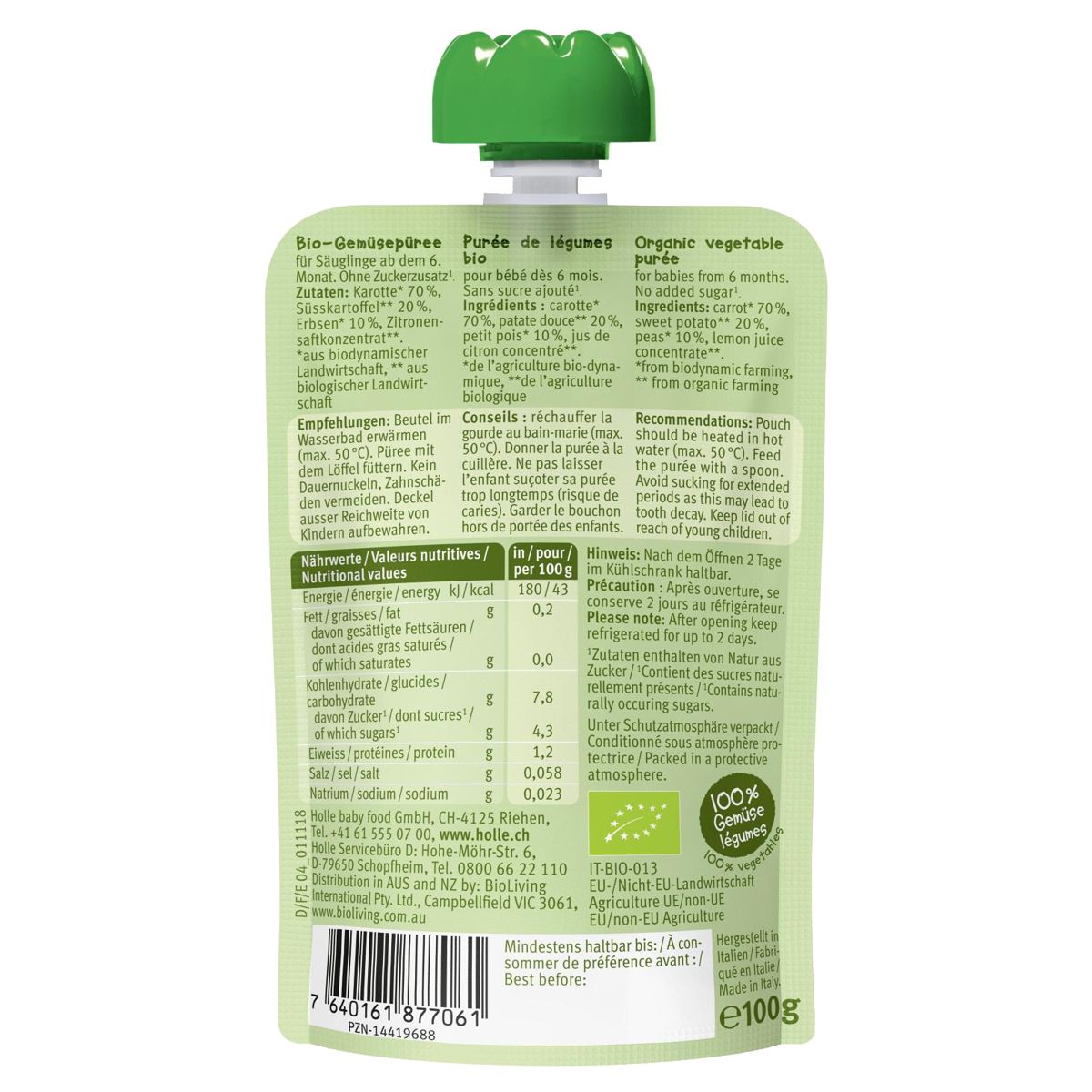 Holle Veggie Bunny Pouchy Karotte Süsskartoffel Erbsen 6x 100 g Holle Veggie Bunny Pouchy Karotte Süsskartoffel Erbsen 6x 100 g