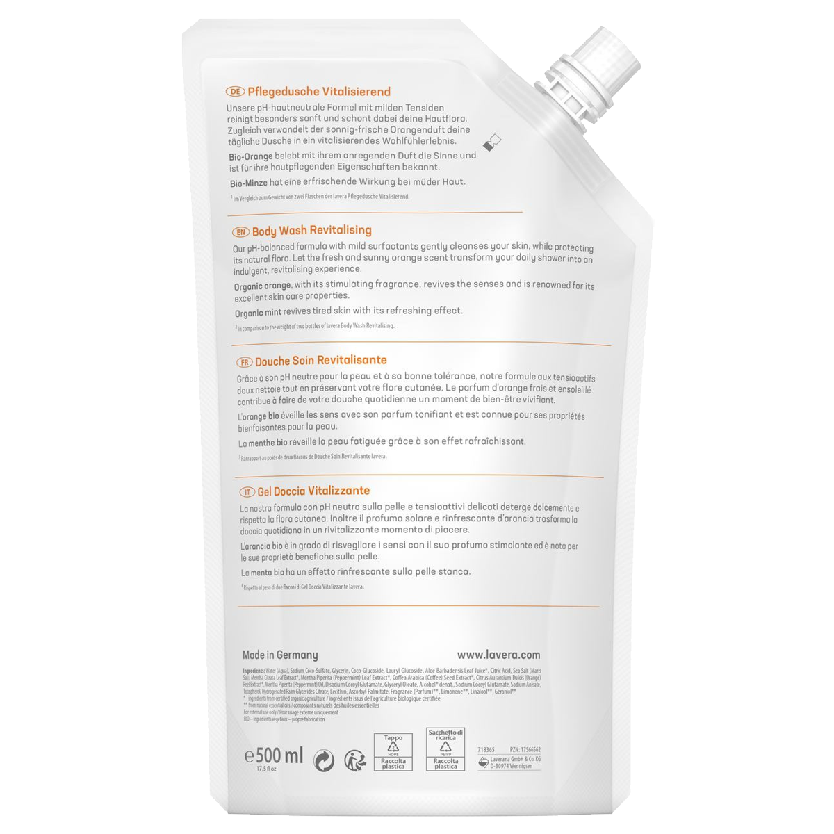 Lavera Pflegedusche Vital Bio-Orange & Bio-Minze Nachfüllbeutel 500 ml