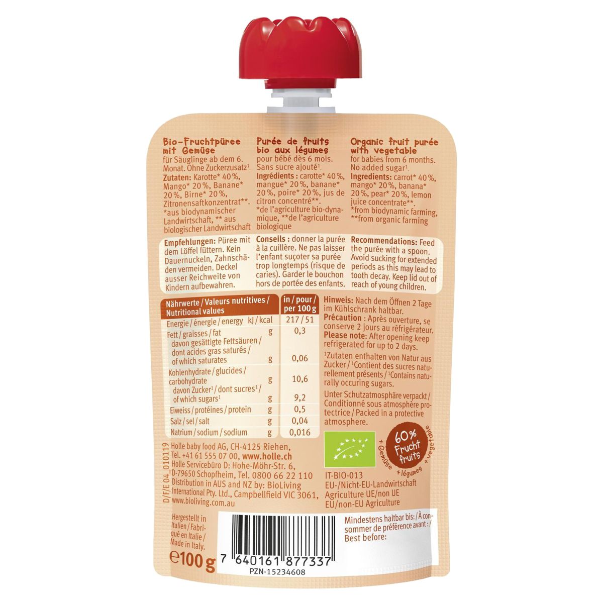 Holle Carrot Cat Pouchy Karotte Mango Banane Birne 6x 100 g Holle Carrot Cat Pouchy Karotte Mango Banane Birne 6x 100 g