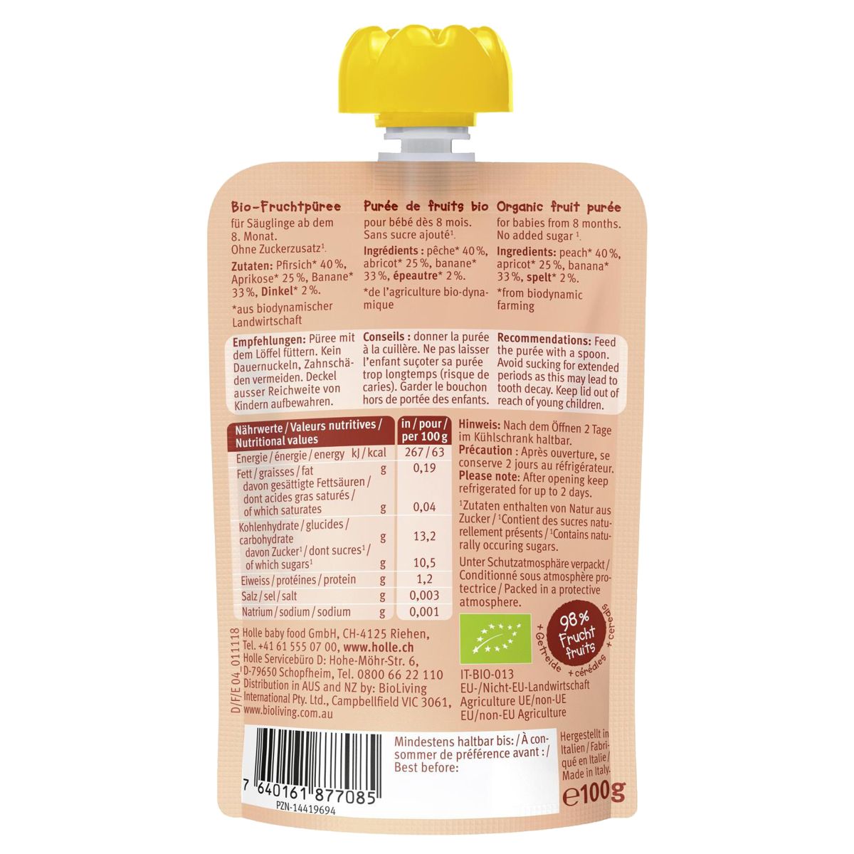 Holle Panda Peach Pouchy Pfirsich Aprikose Banane und Dinkel 6x 100 g Holle Panda Peach Pouchy Pfirsich Aprikose Banane und Dinkel 6x 100 g