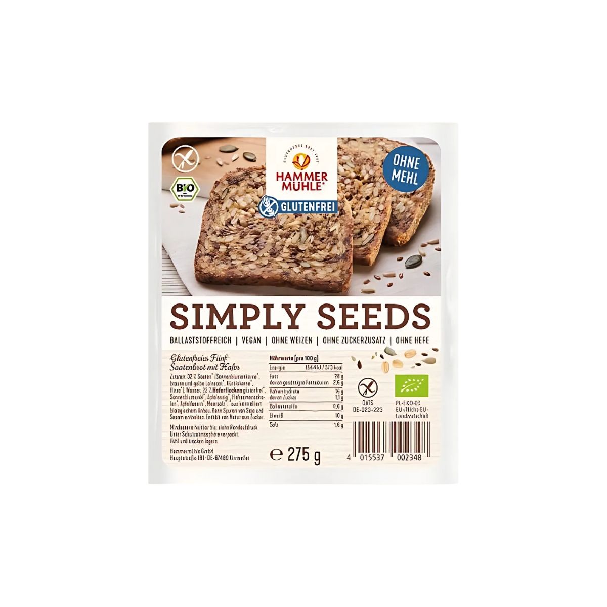 Hammermühle Simply Seeds Fünf Saatenbrot glutenfrei 275 g Hammermühle Simply Seeds Fünf Saatenbrot glutenfrei 275 g