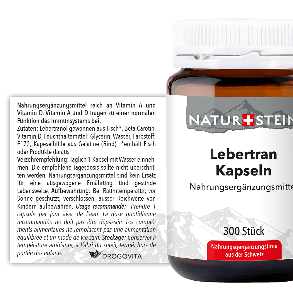 Naturstein Lebertran Kapseln mit hochwertigem Lebertranöl, Vitamin A und Vitamin D
