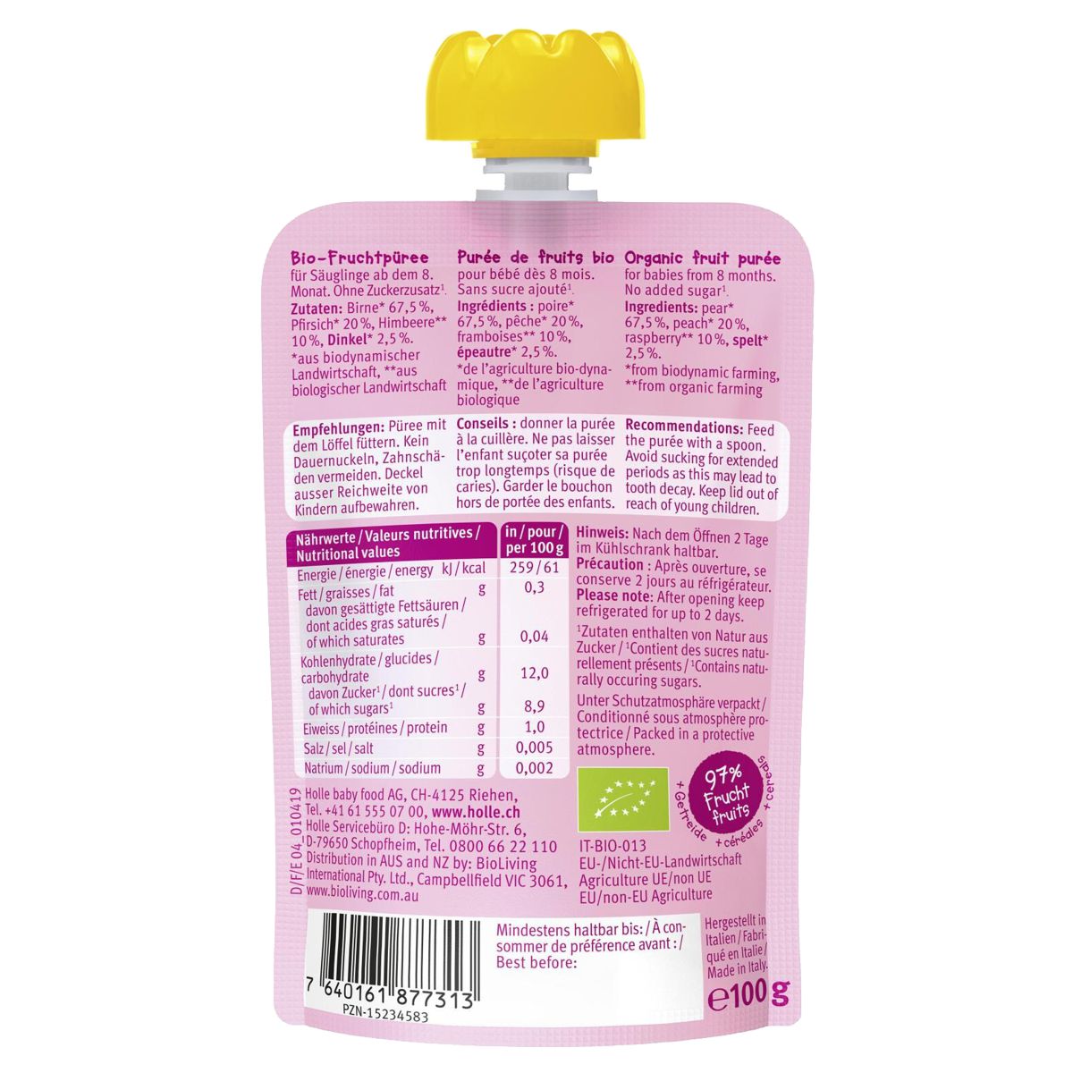 Holle Pear Pony Pouchy Birne Pfirsich Himbeer mit Dinkel 6x 100 g Holle Pear Pony Pouchy Birne Pfirsich Himbeer mit Dinkel 6x 100 g