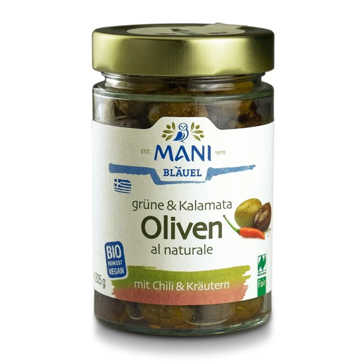 MANI Grüne & Kalamata Oliven mit Chili & Kräutern 205 g MANI Grüne & Kalamata Oliven mit Chili & Kräutern 205 g