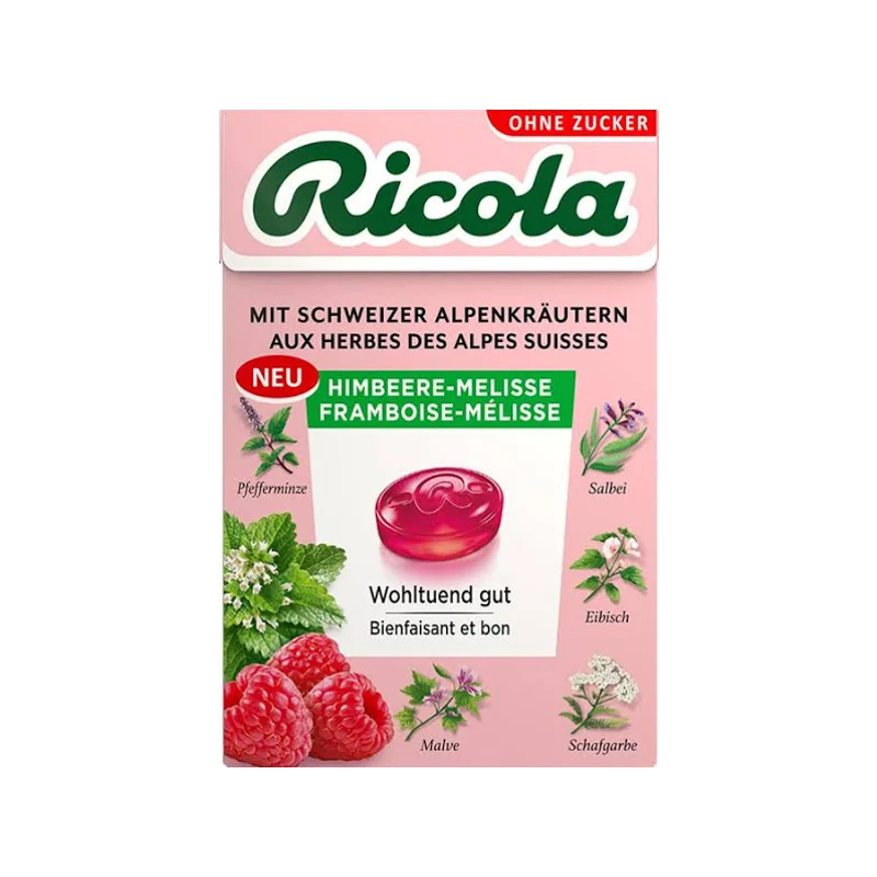 Ricola Himbeere-Melisse ohne Zucker mit Stevia Box 50 g Ricola Himbeere-Melisse ohne Zucker mit Stevia Box 50 g