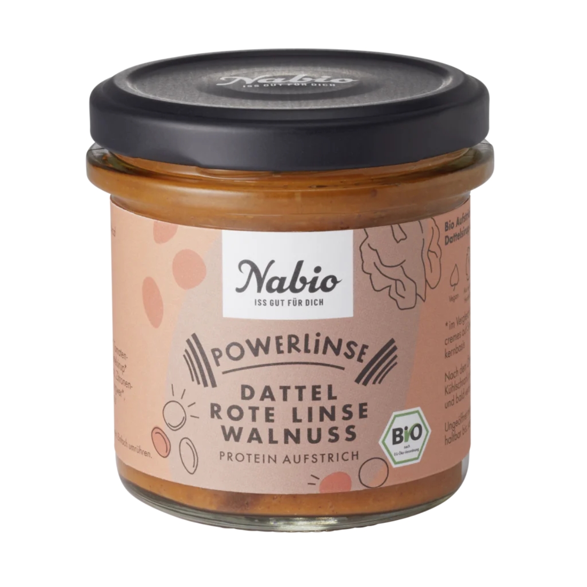 Pâte à tartiner protéinée Nabio dattes lentilles noix 140 g Pâte à tartiner protéinée Nabio dattes lentilles noix 140 g