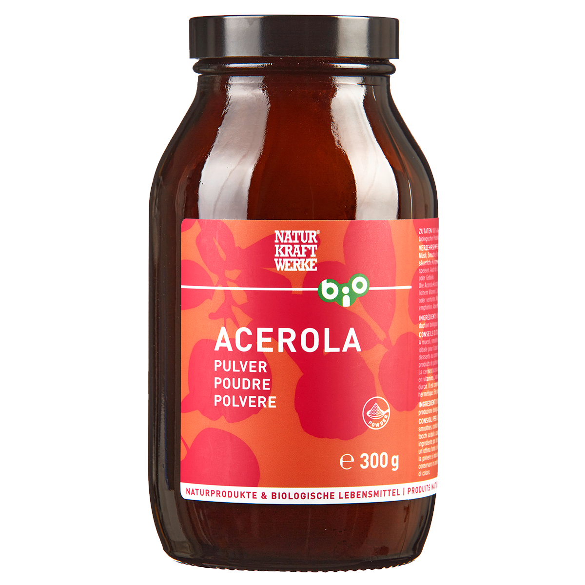 NaturKraftWerke Acerola Pulver ist aus kontrolliert biologischer Produktion aus Brasilien. 100 % Acerola. 