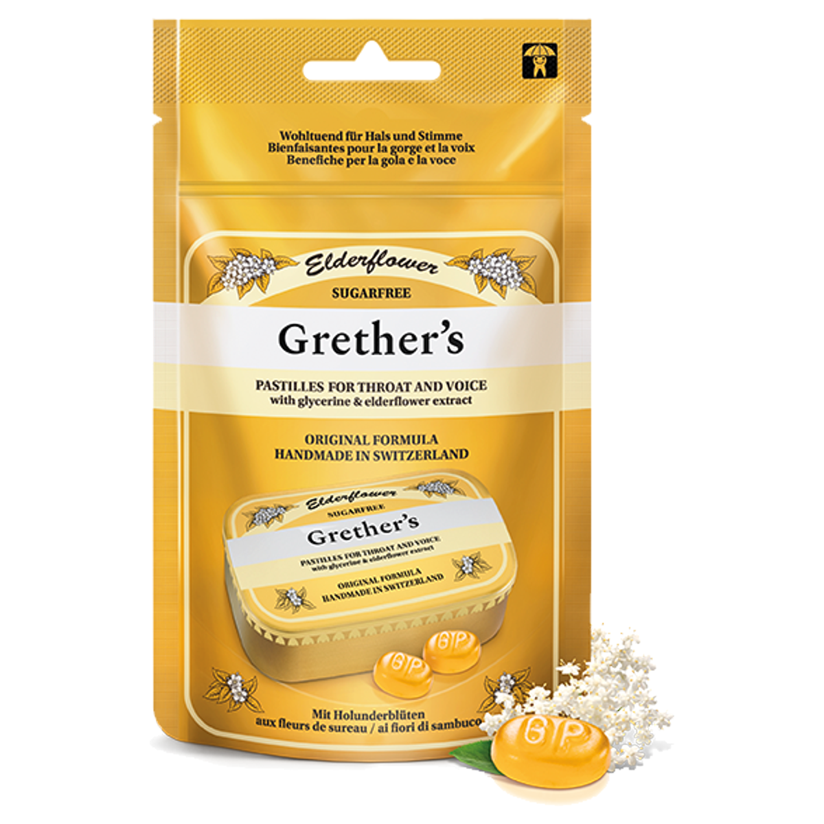 Grethers Elderflower Pastillen ohne Zucker Beutel 110 g