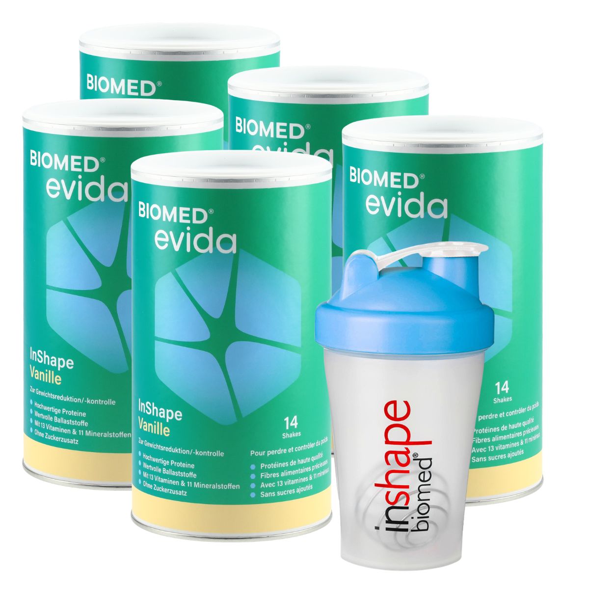 Biomed Evida InShape Pulver Vanille 5x 420 g mit Shaker