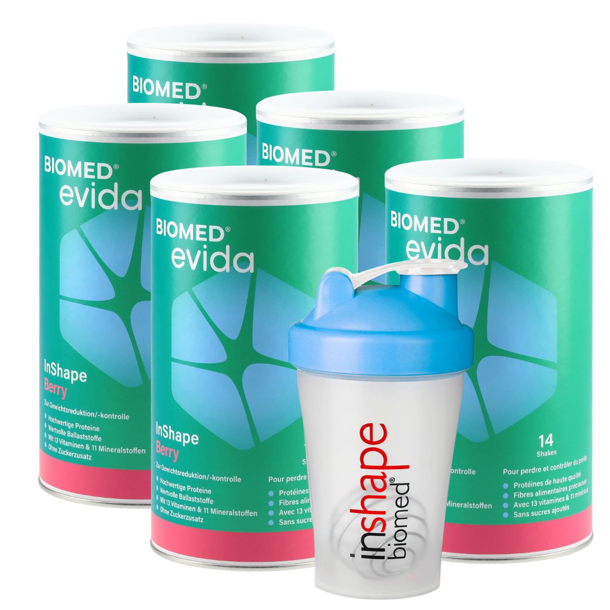 Biomed Evida InShape Pulver Berry 5x 420 g mit Shaker