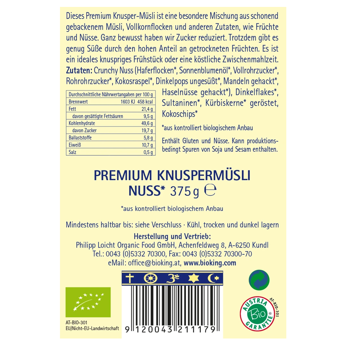 Bioking Premium Knuspermüesli Nuss Bio 375 g