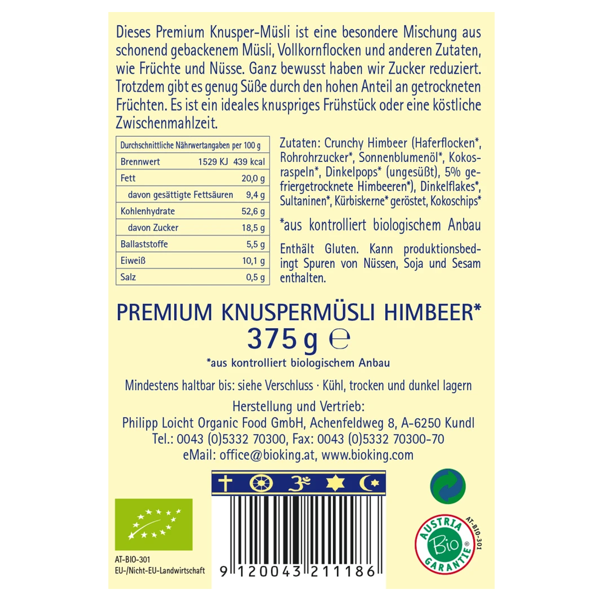 Bioking Premium Knuspermüesli Himbeer Bio 375 g