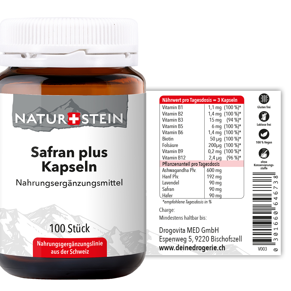 Naturstein Safran plus Kapseln Glas 100 Stück Naturstein Safran plus Kapseln Glas 100 Stück