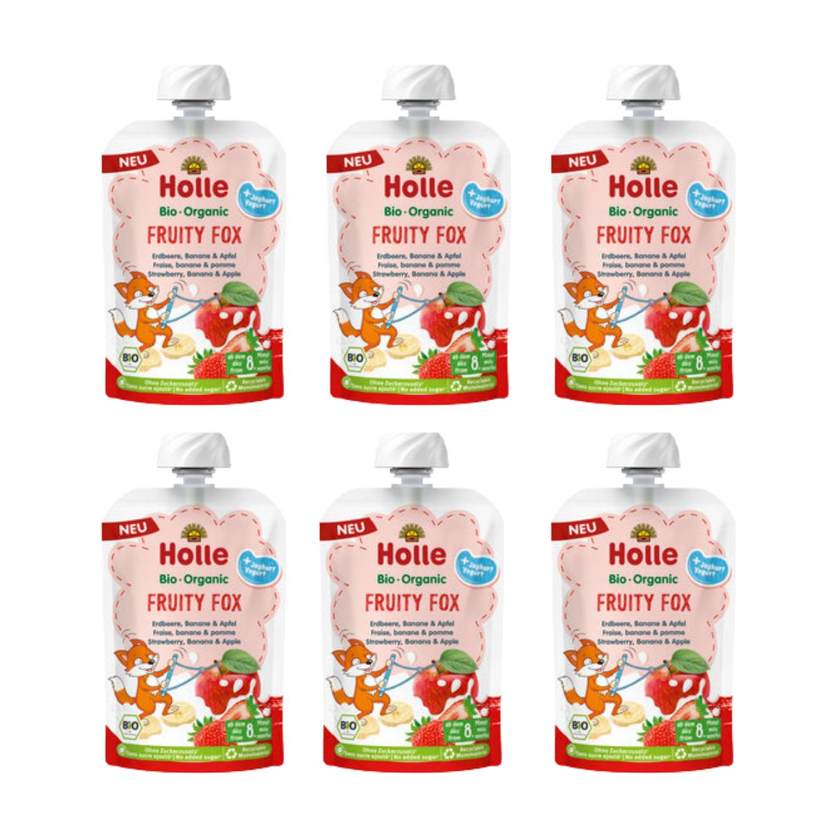 Holle Fruity Fox Pomme, banane et fruits rouges au yaourt, 6 x 100 g