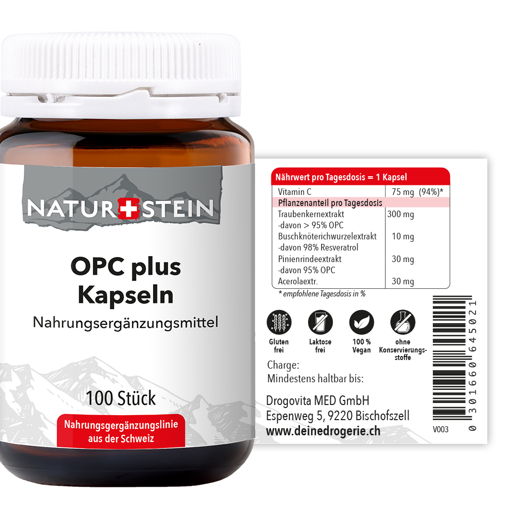 Naturstein OPC Rotwein Kapseln mit Resveratrol, Vitamin  C, Buschknöterichwurzel und Pinienrinde