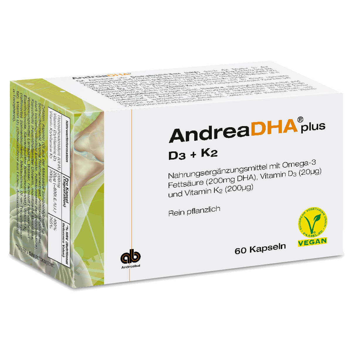 AndreaDHA plus Omega-3 Vitamin D3 + K2 Kapseln vegan 60 Stück AndreaDHA plus Omega-3 Vitamin D3 + K2 Kapseln vegan 60 Stück