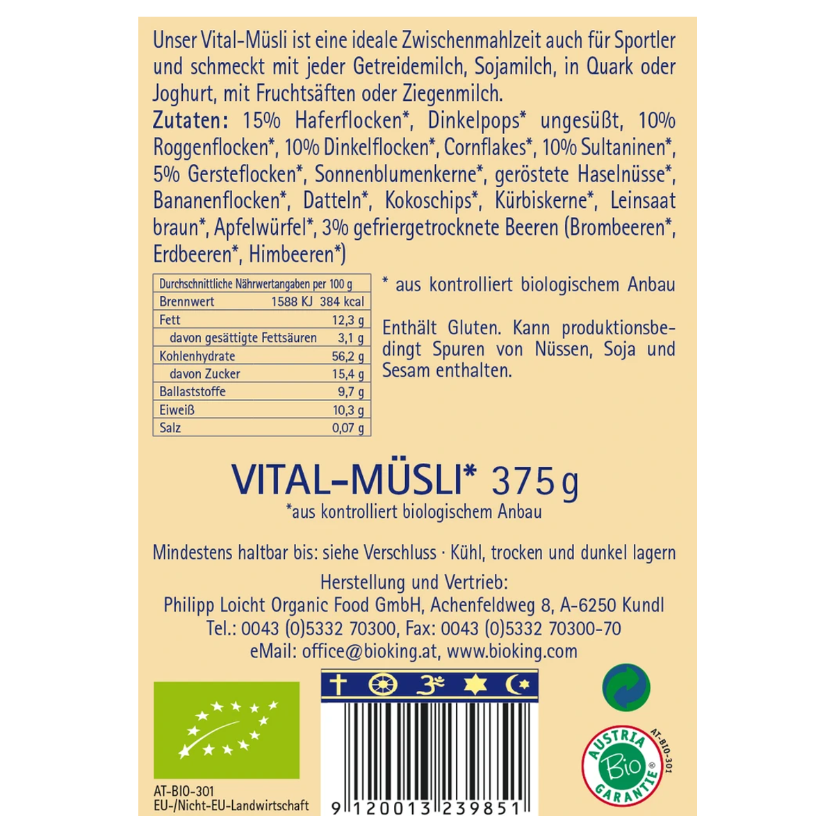 Bioking Vitalmüesli Bio Beutel 375 g Bioking Vitalmüesli Bio Beutel 375 g