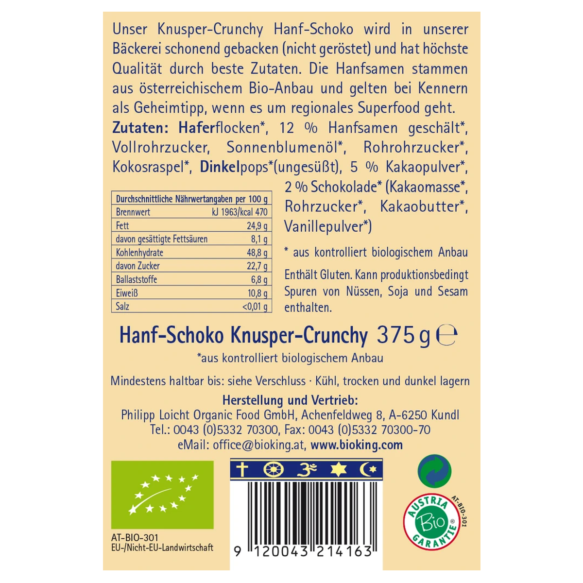 BioKing Hanf-Schoko Knusper-Crunchy gebackenes Müsli, mit 12% Hanfsamen, vegan
