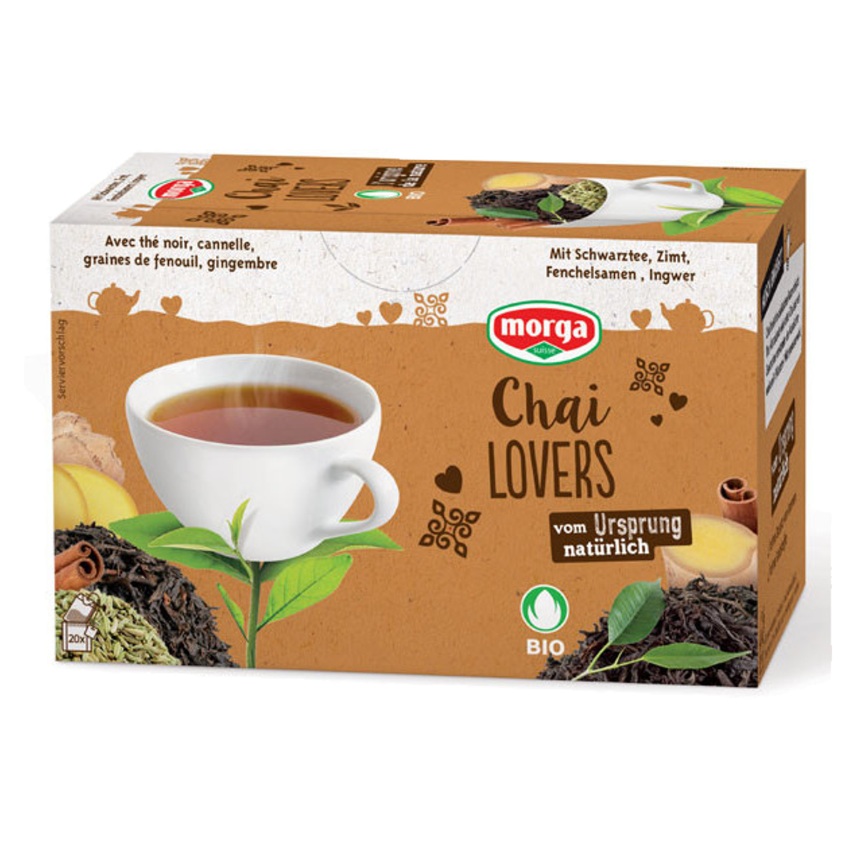 Morga Chai Lovers Tee mit Hülle Bio Knospe Beutel 20 Stück Morga Chai Lovers Tee mit Hülle Bio Knospe Beutel 20 Stück