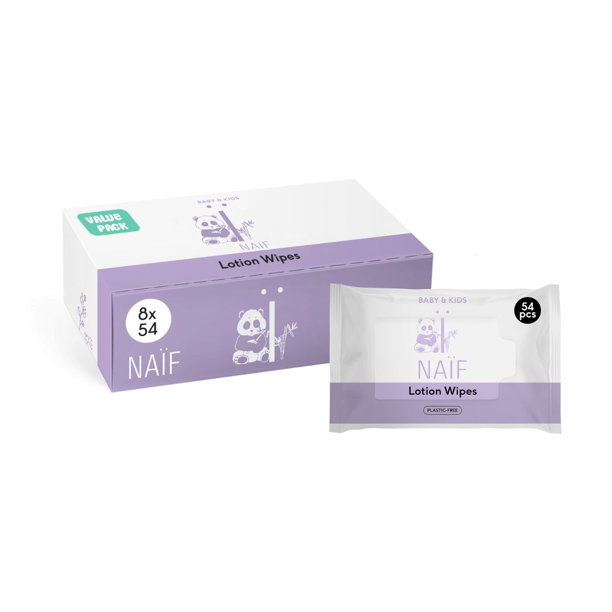 Naif Lingettes humides sans plastique avec lotion 8 x 54 pièces