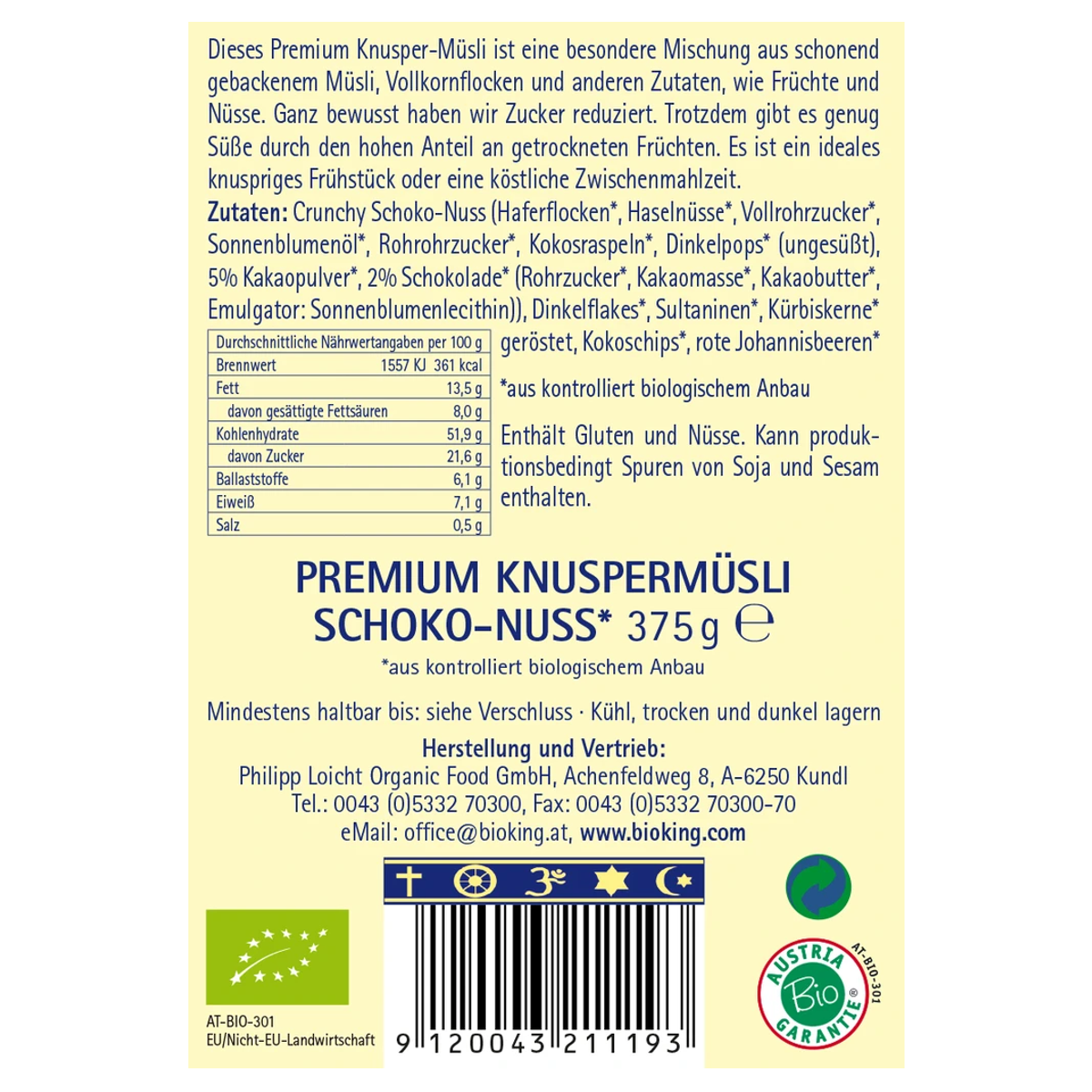Bioking Premium Knuspermüesli Schoko Nuss Bio 375 g