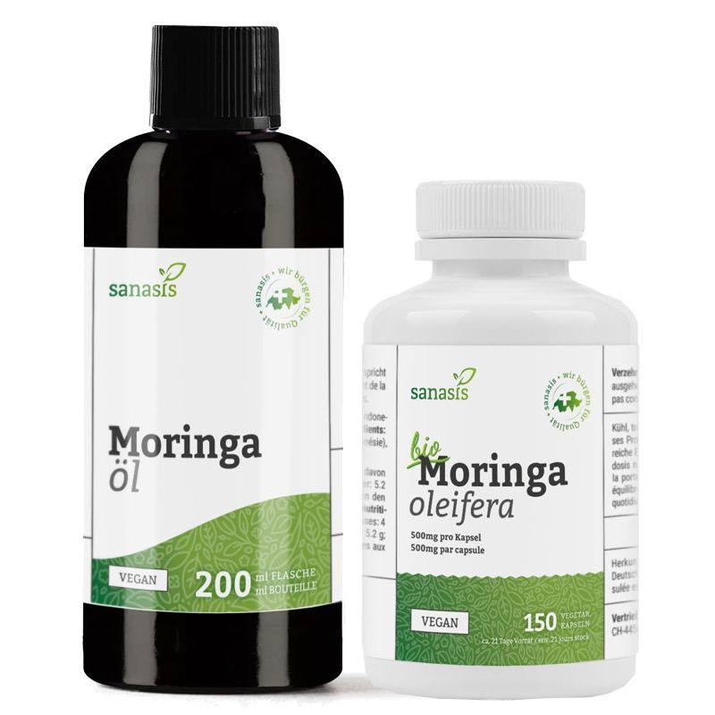 Sanasis Duo Bio Moringa Kapseln 150 Stück & Bio Moringa Öl 200 ml Sanasis Duo Bio Moringa Kapseln 150 Stück & Bio Moringa Öl 200 ml