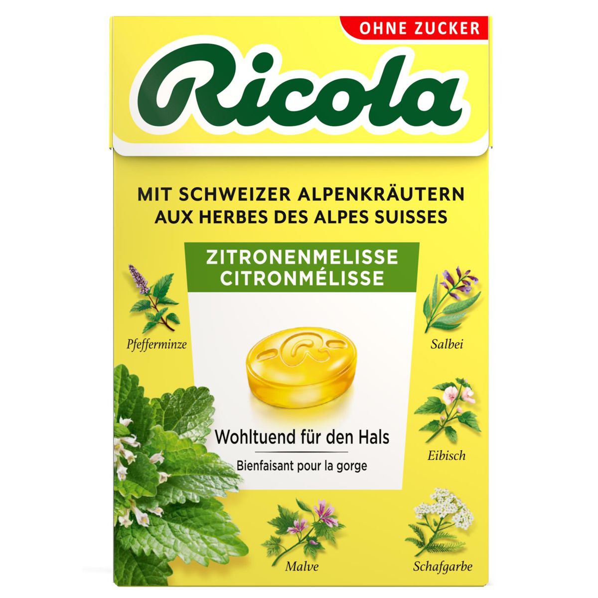 Ricola Zitronenmelisse Bonbons ohne Zucker Box 50 g Ricola Zitronenmelisse Bonbons ohne Zucker Box 50 g