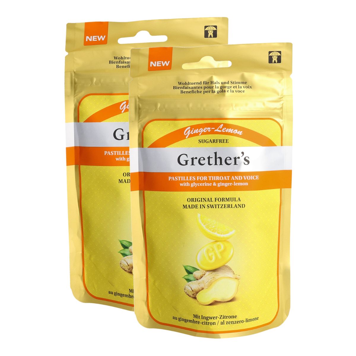 Pastilles Grethers au gingembre et au citron sans sucre, paquet duo 2 x 110 g