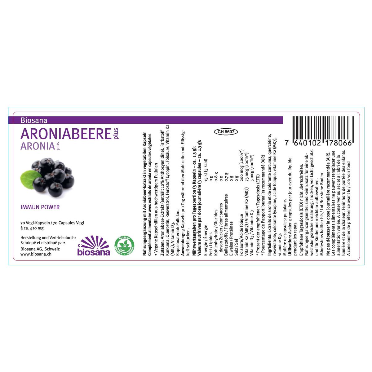 Biosana Aroniabeere plus Kapseln Dose 70 Stück Biosana Aroniabeere plus Kapseln Dose 70 Stück