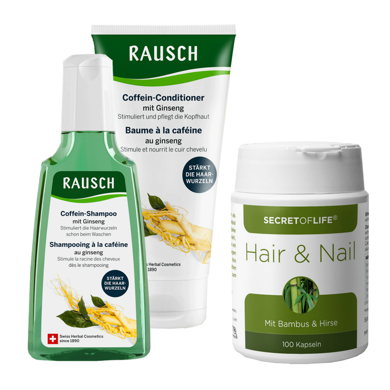 rausch-haarpflegeset-ginseng Rausch Coffein Shampoo und Conditioner plus Secret of Life Hair und Nail Kapseln
