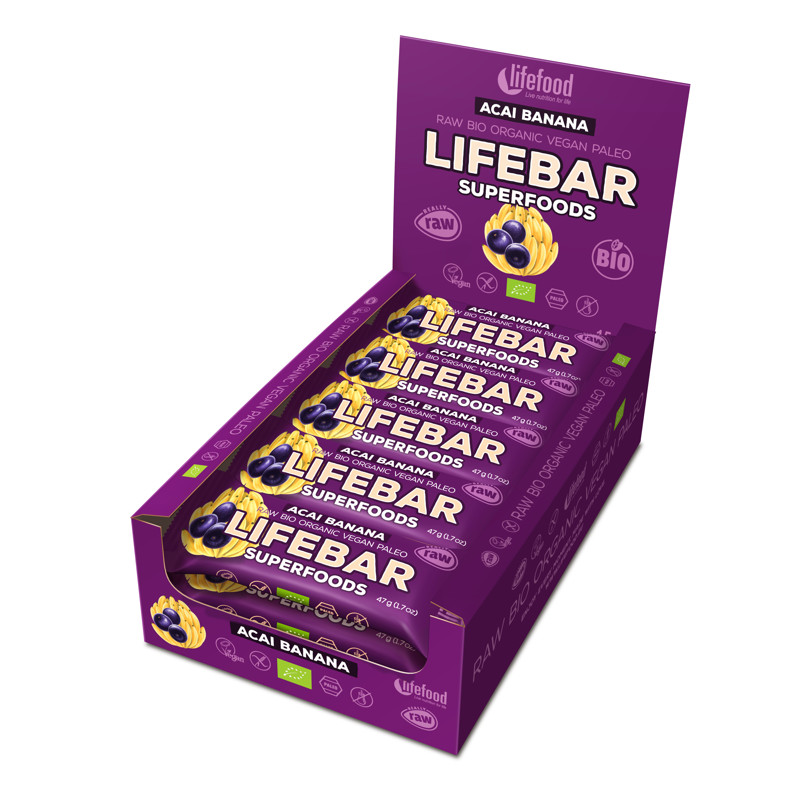 Lifebar Superfoods Acai Banane Riegel Bio Rohkost Display