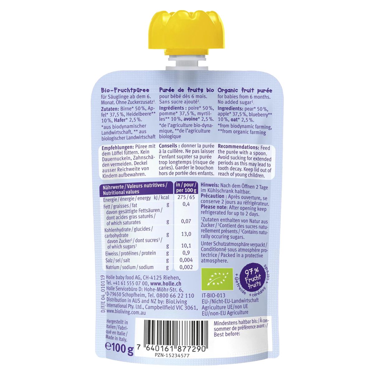 Holle Blue Bird Pouchy Birne Apfel Heidelbeere mit Hafer 6x 100 g Holle Blue Bird Pouchy Birne Apfel Heidelbeere mit Hafer 6x 100 g