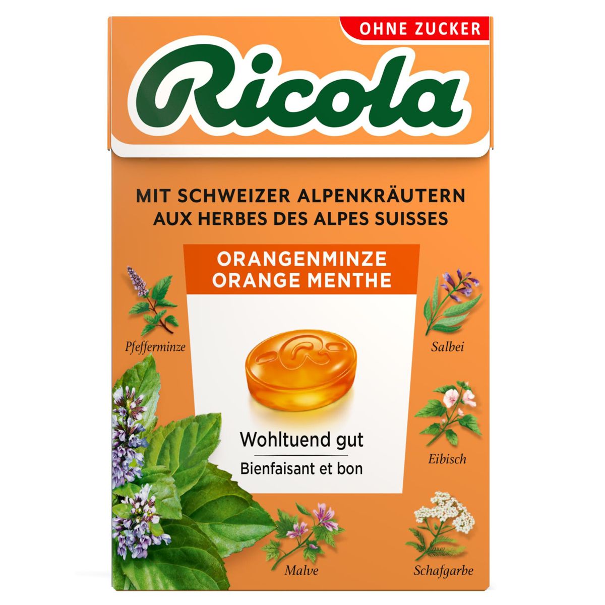 Ricola Orangen-Minze Bonbons ohne Zucker Box 50 g Ricola Orangen-Minze Bonbons ohne Zucker Box 50 g