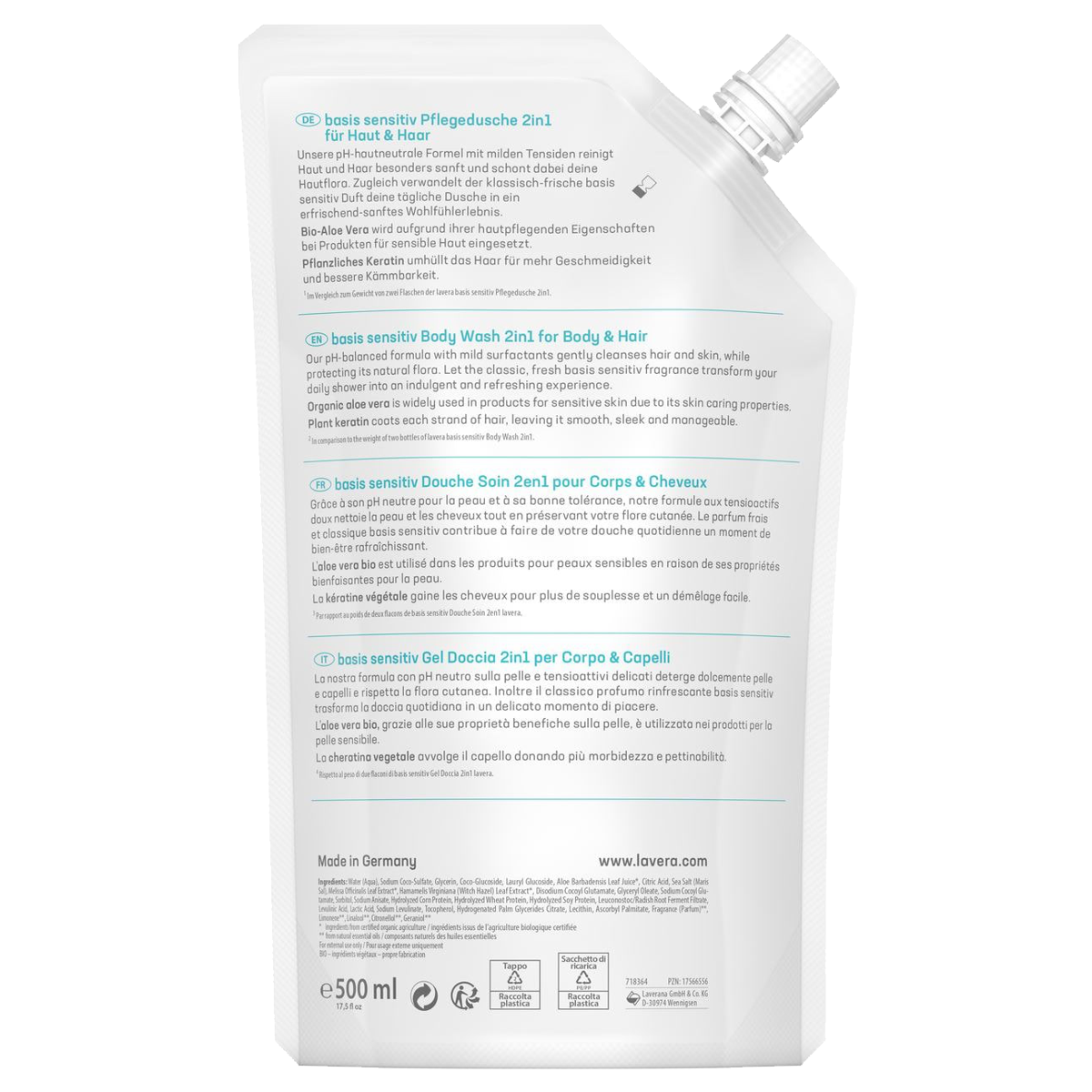 Lavera Pflegedusche Basis Sensitiv 2in1 Nachfüllbeutel 500 ml