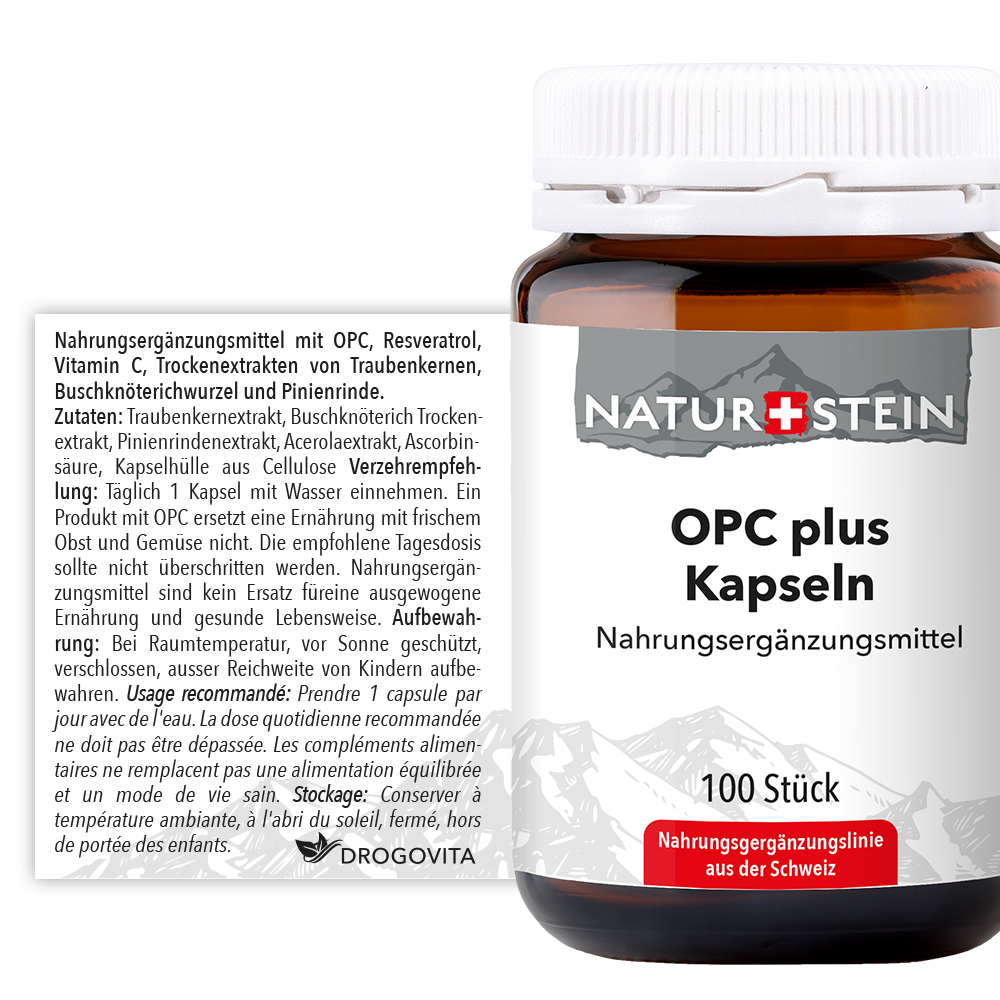 Naturstein OPC Rotwein Kapseln mit Resveratrol, Vitamin  C, Buschknöterichwurzel und Pinienrinde