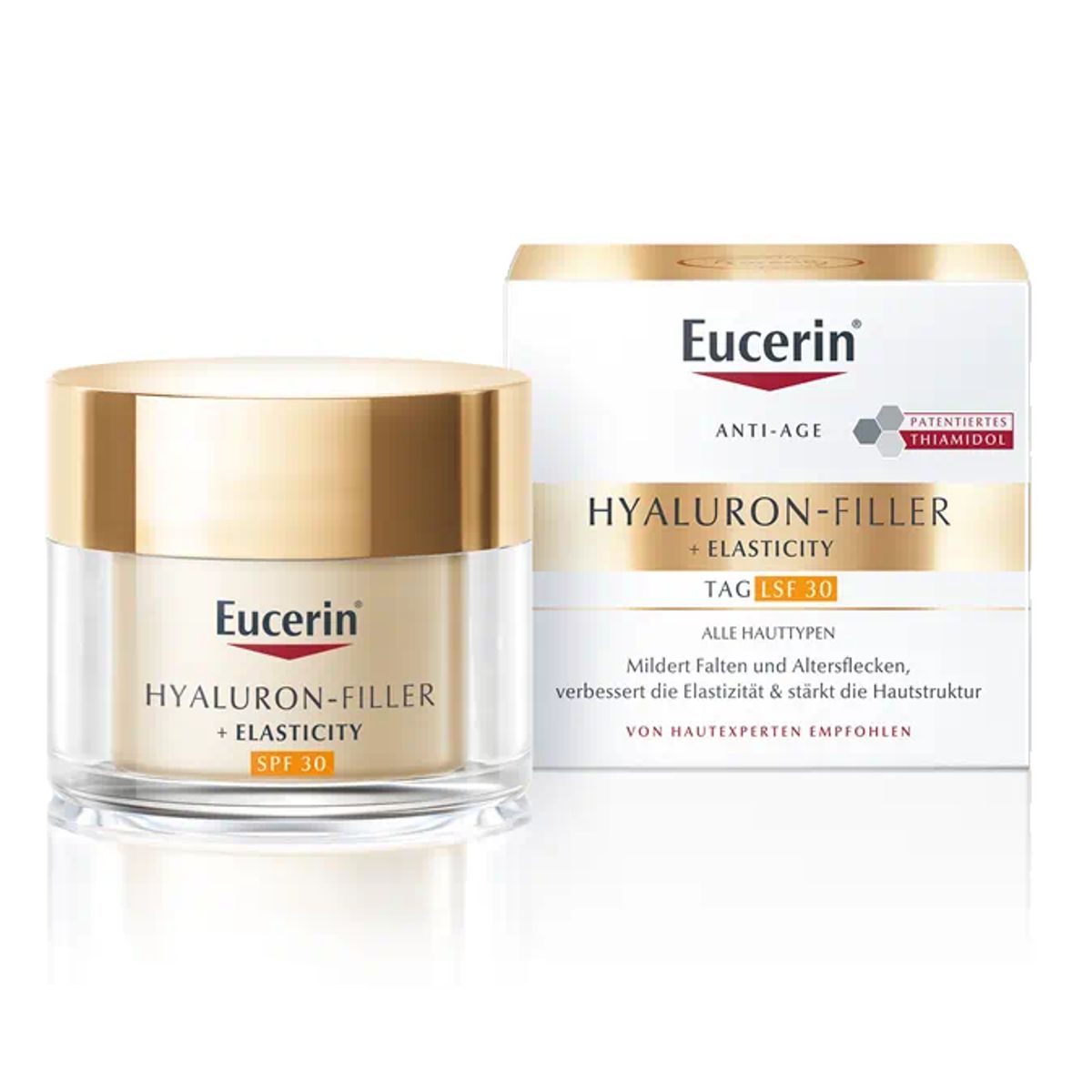 Eucerin Hyaluron-Filler + Elasticity mildert Falten und Altersflecken